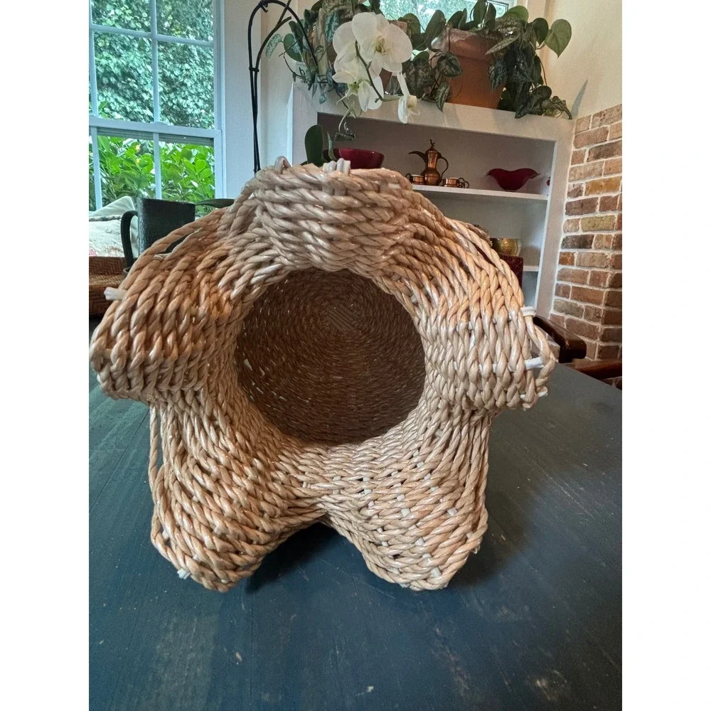 Vintage Woven Straw Ruffle Top Basket Bow Detail Boho Decor Made in Korea